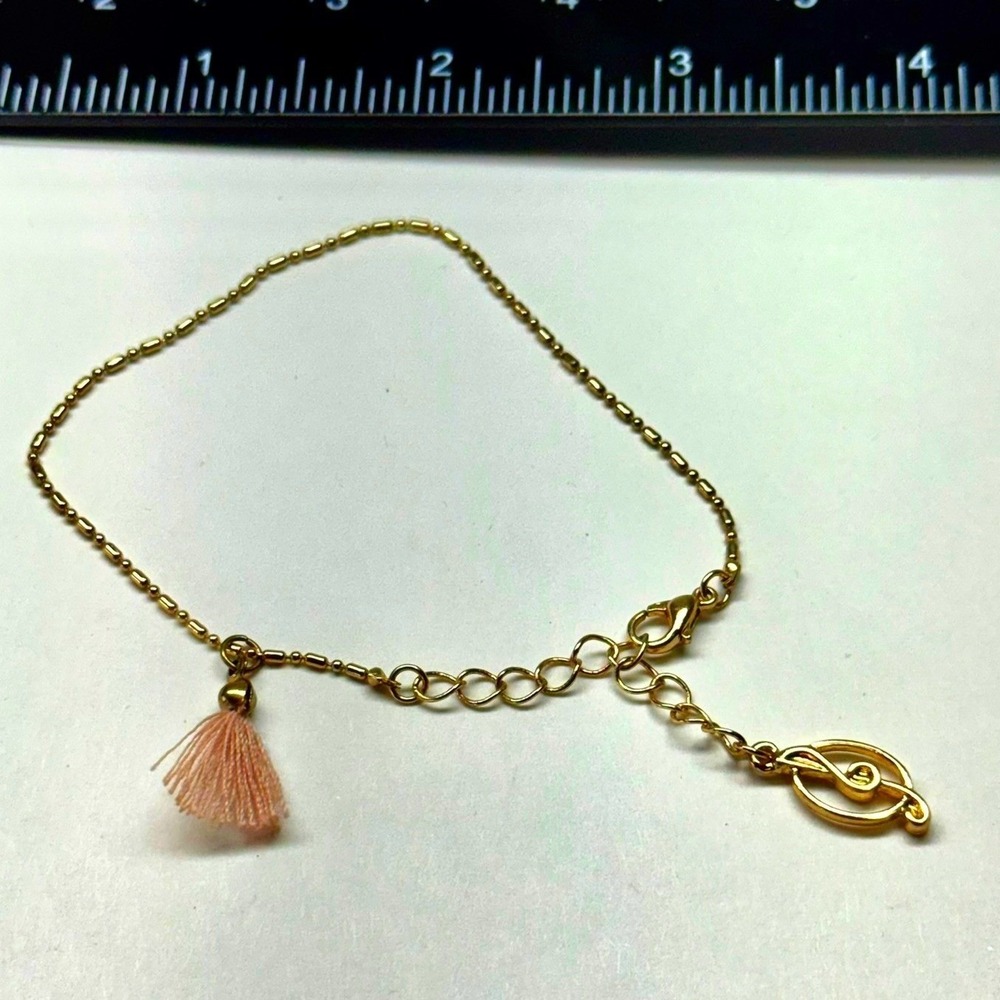Gold Tone Musical Note Charm Bracelet with Pink‎ Tassel Dainty